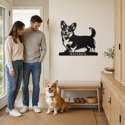 Corgi metalskilt med personlig navn. Unik gaveidé til hundeejeren