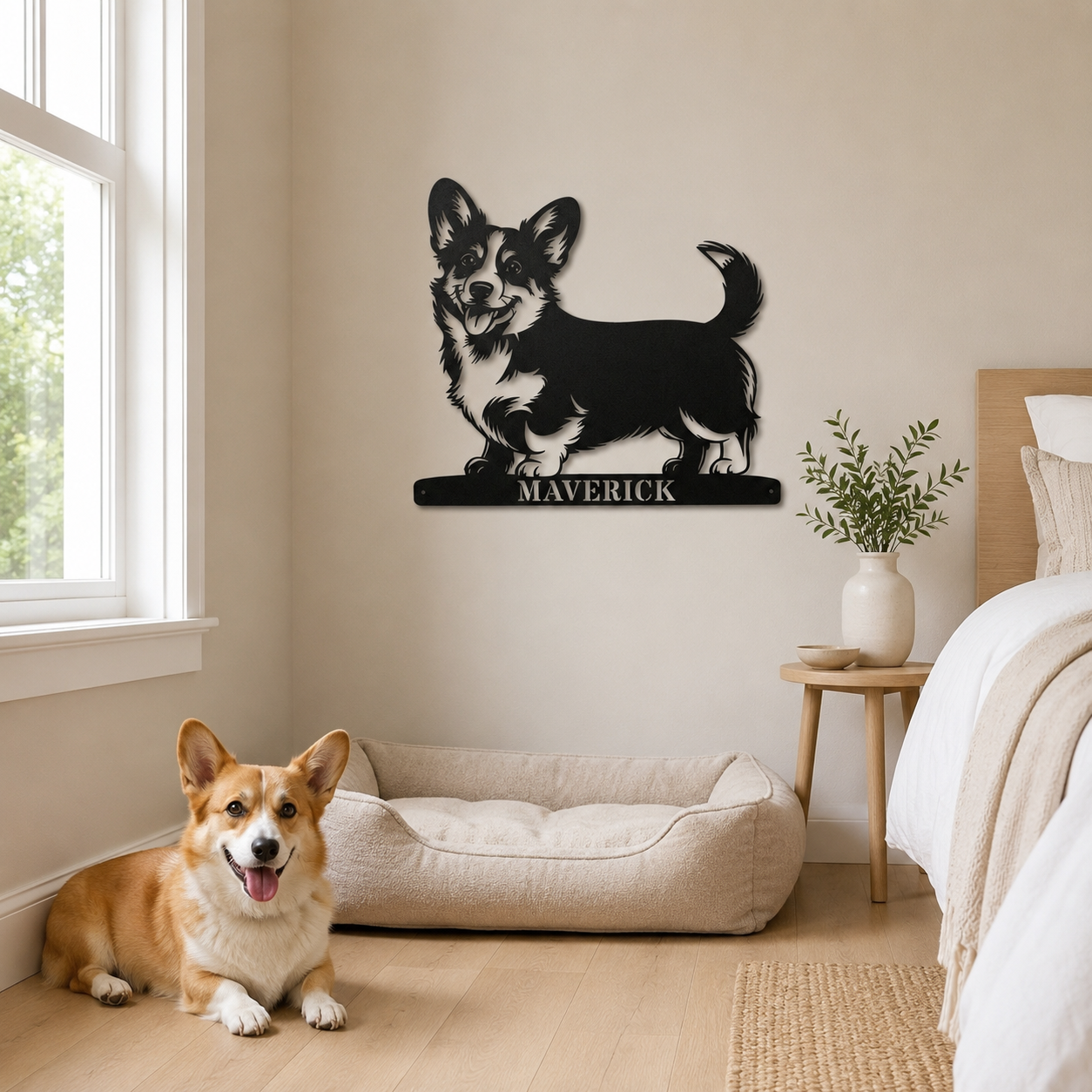 Corgi metalskilt med personlig navn. Unik gaveidé til hundeejeren