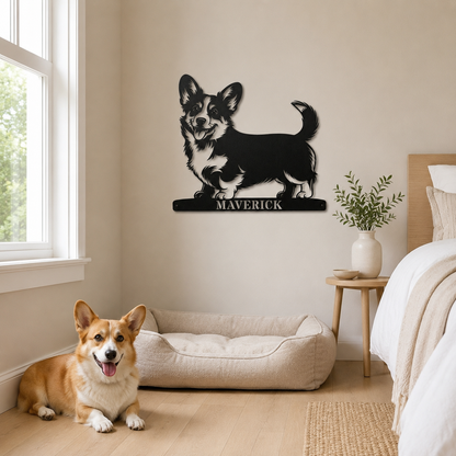 Corgi metalskilt med personlig navn. Unik gaveidé til hundeejeren