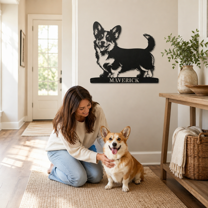Corgi metalskilt med personlig navn. Unik gaveidé til hundeejeren