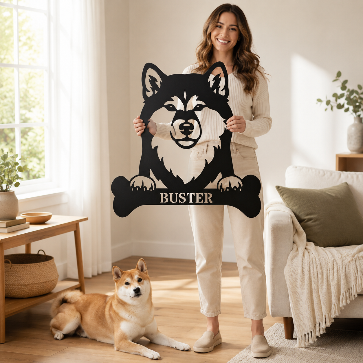 Sjov shiba inu navneskilt med personlig tekst. Unik metalskilt til hundeejeren