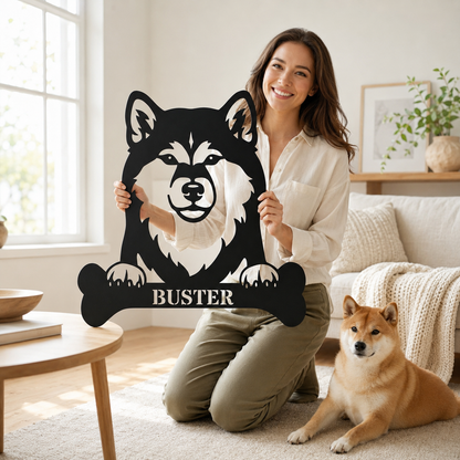 Sjov shiba inu navneskilt med personlig tekst. Unik metalskilt til hundeejeren