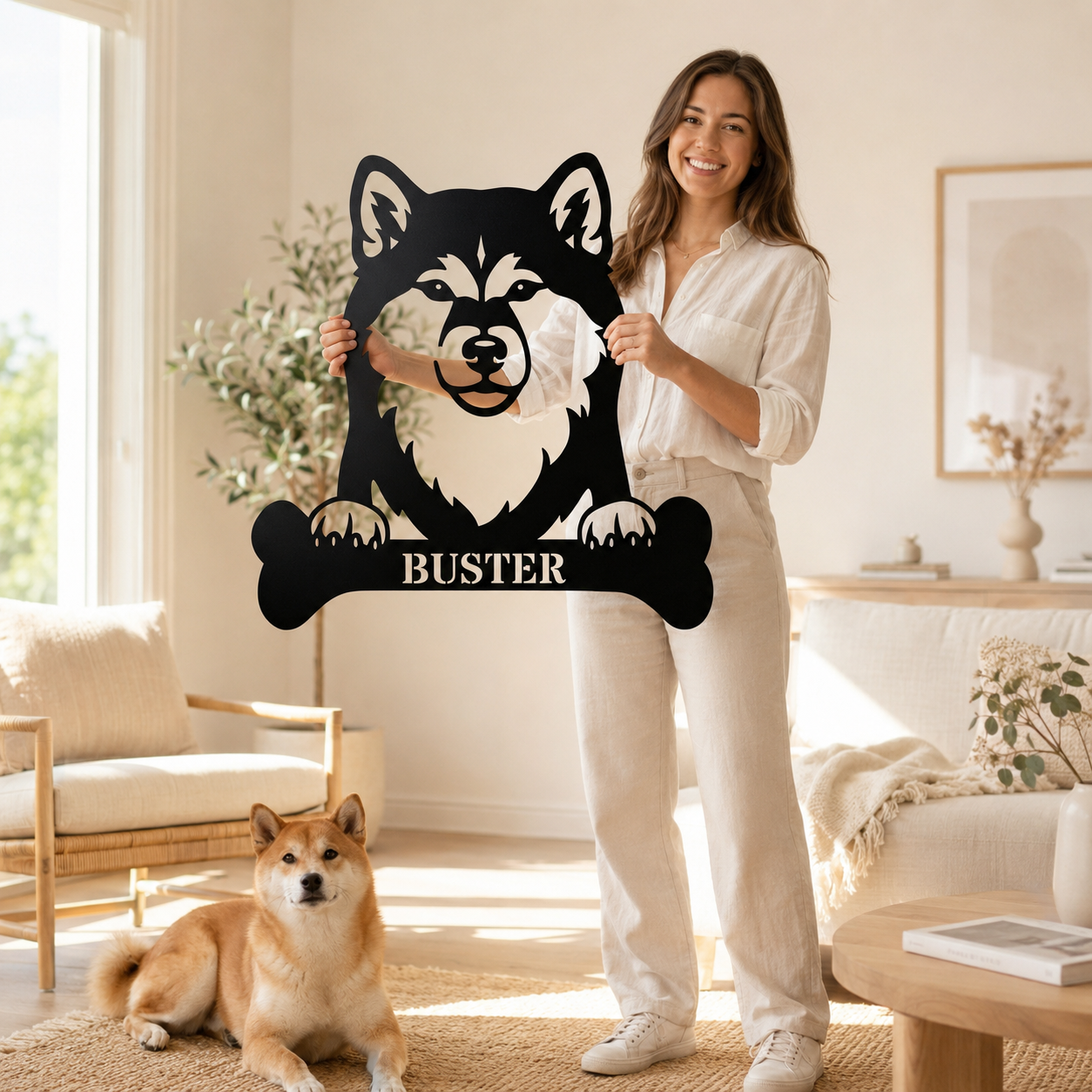 Sjov shiba inu navneskilt med personlig tekst. Unik metalskilt til hundeejeren