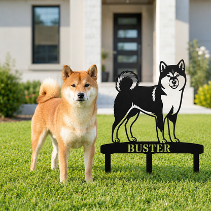 Personlig Shiba Inu metalskilt til haven med hundenavn