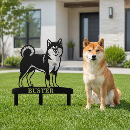 Personlig Shiba Inu metalskilt til haven med hundenavn