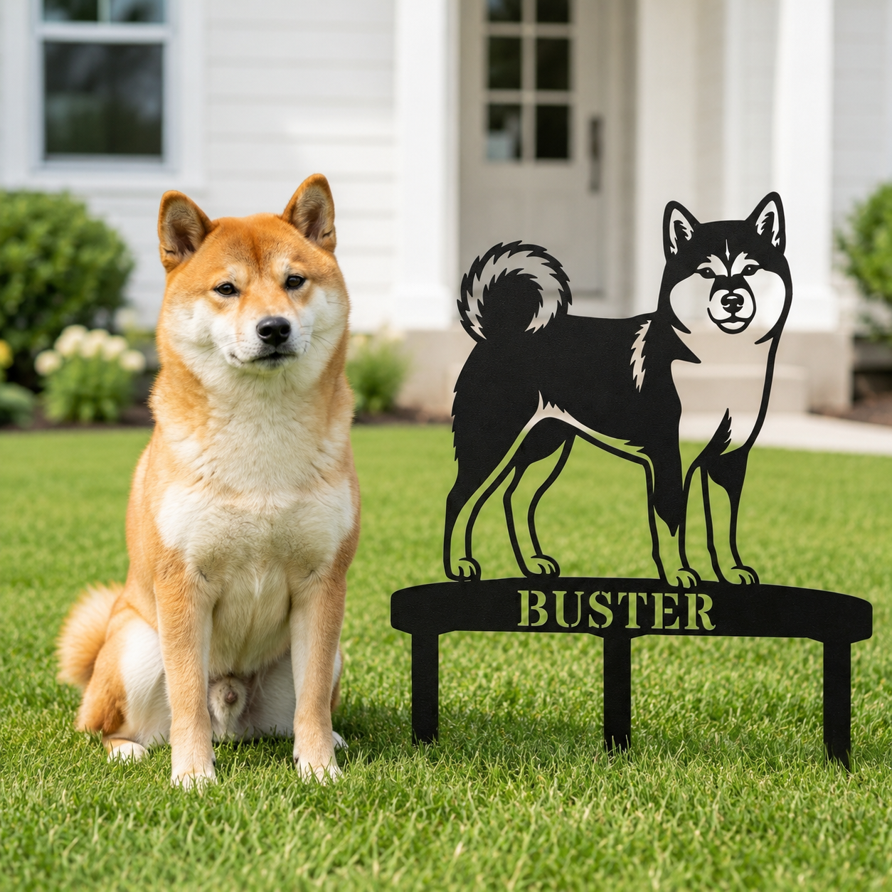 Personlig Shiba Inu metalskilt til haven med hundenavn
