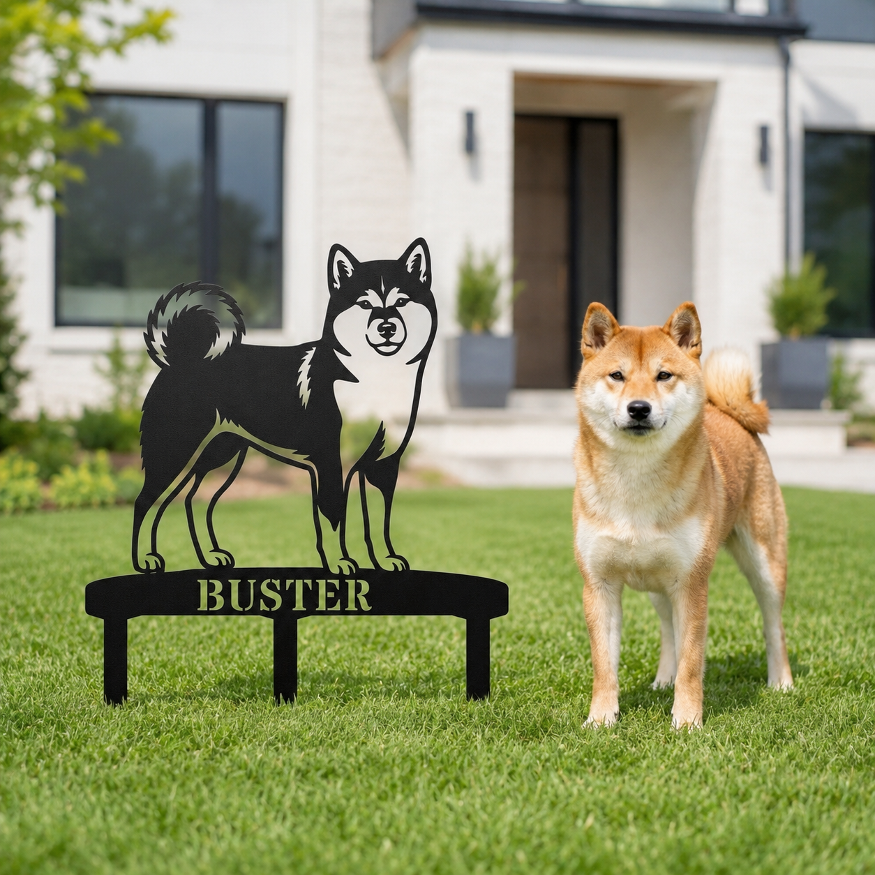 Personlig Shiba Inu metalskilt til haven med hundenavn