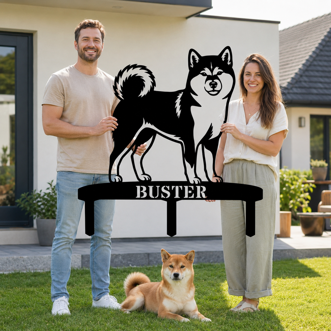 Personlig Shiba Inu metalskilt til haven med hundenavn