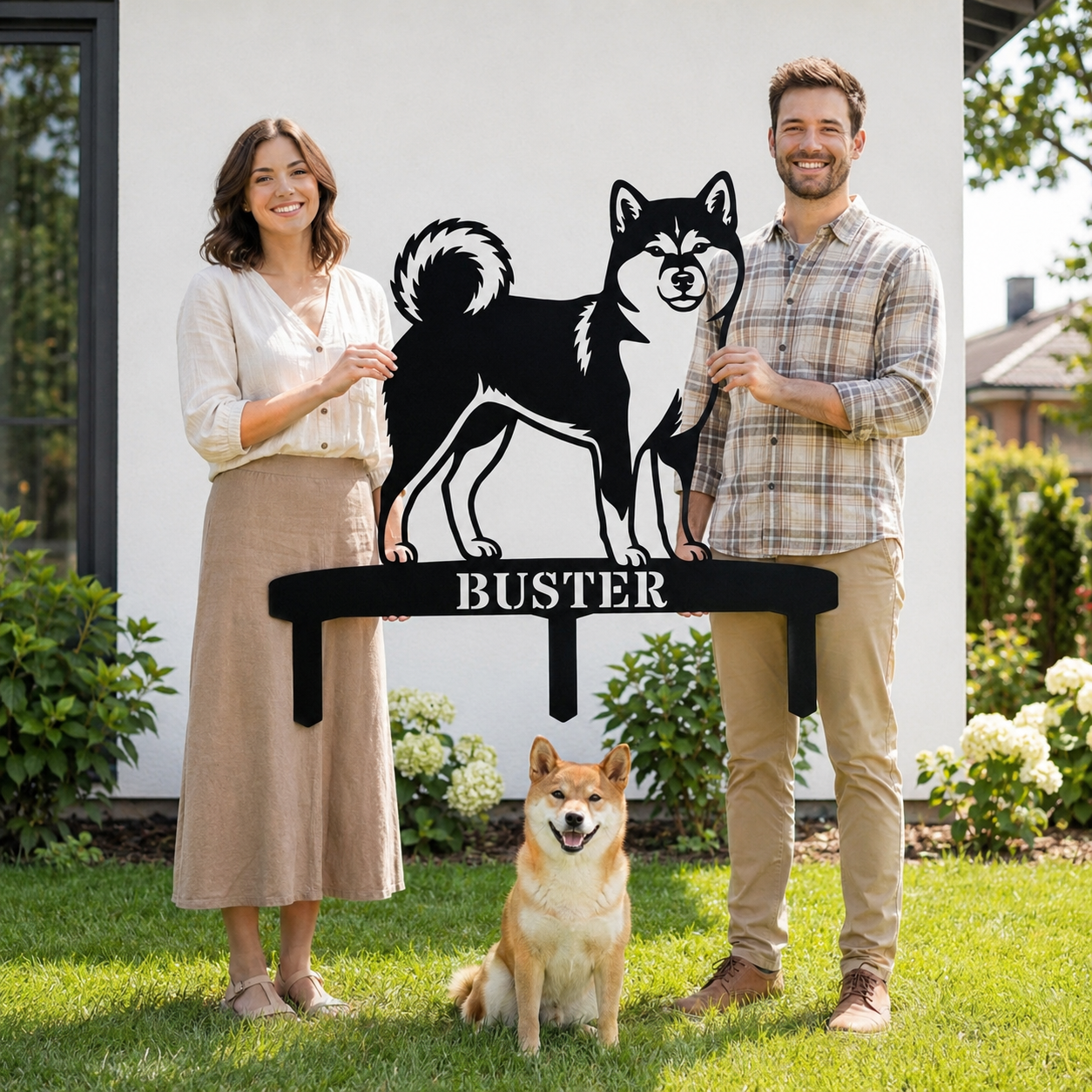 Personlig Shiba Inu metalskilt til haven med hundenavn