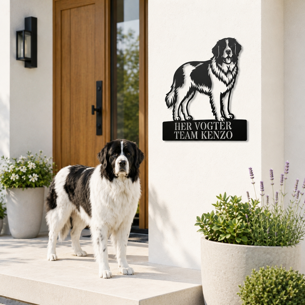 Her vogter jeg. Landseer hunde metal navneskilt