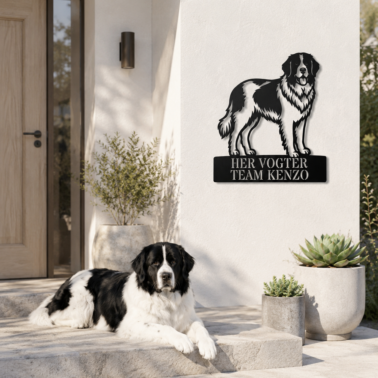 Her vogter jeg. Landseer hunde metal navneskilt