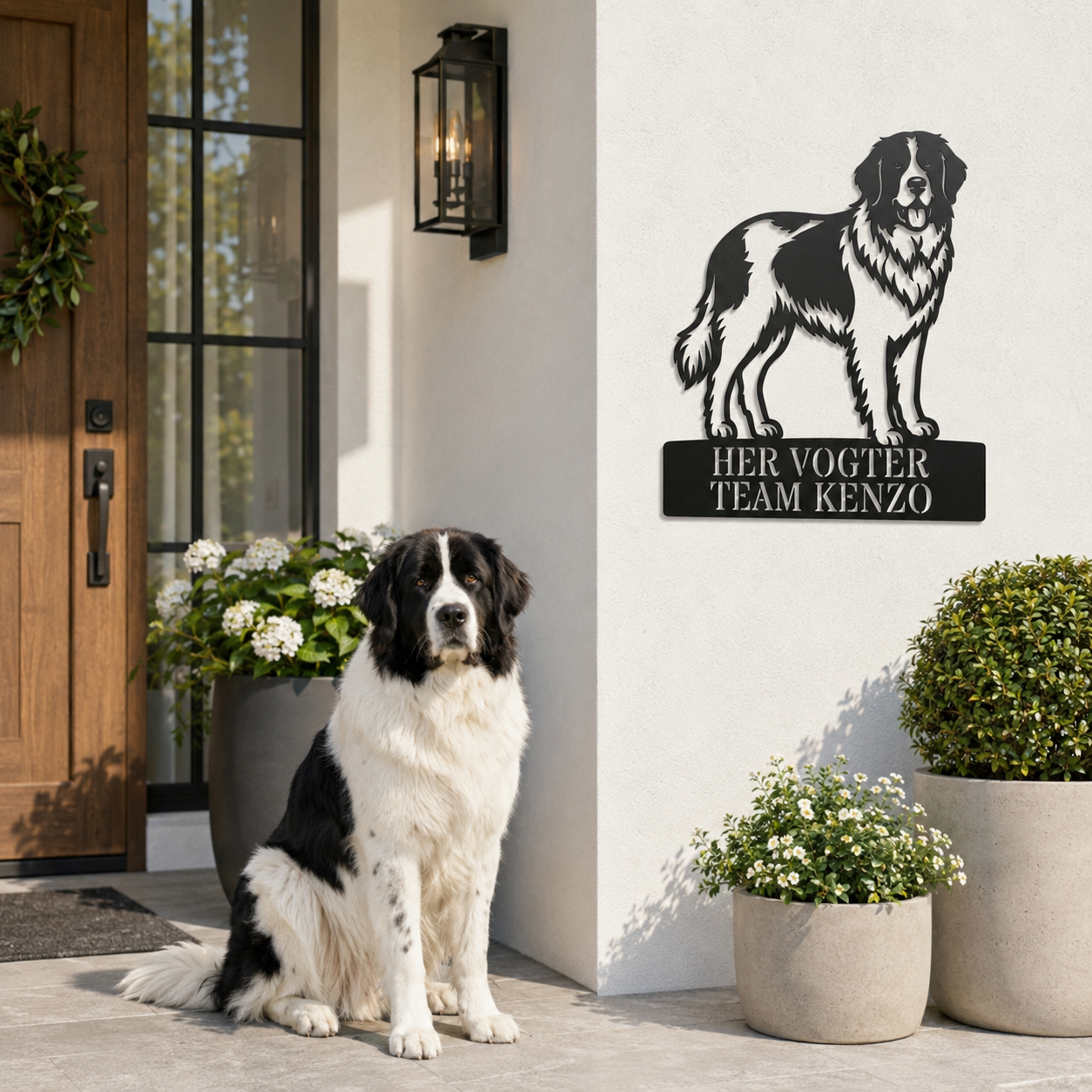 Her vogter jeg. Landseer hunde metal navneskilt