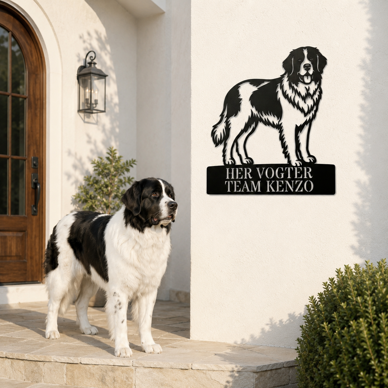 Her vogter jeg. Landseer hunde metal navneskilt