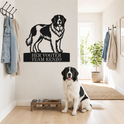 Her vogter jeg. Landseer hunde metal navneskilt