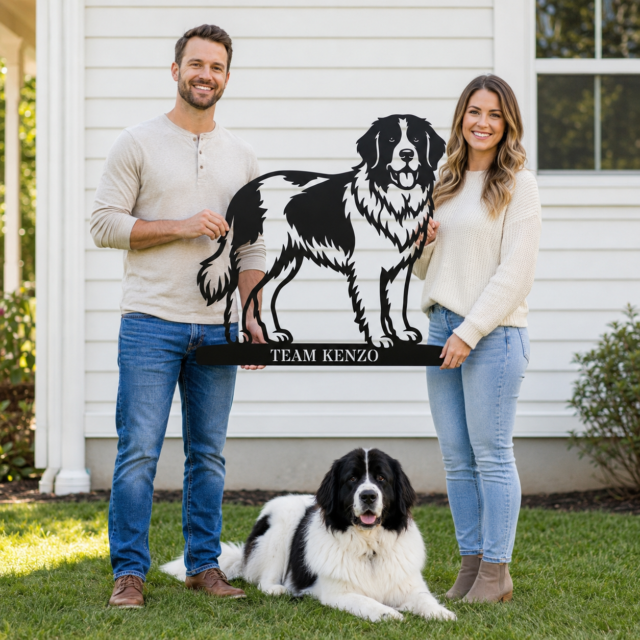 Personlig Landseer metalskilt med hundenavn