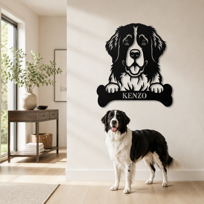 Sjov Landseer navneskilt med personlig tekst. Unik metalskilt til hundeejeren