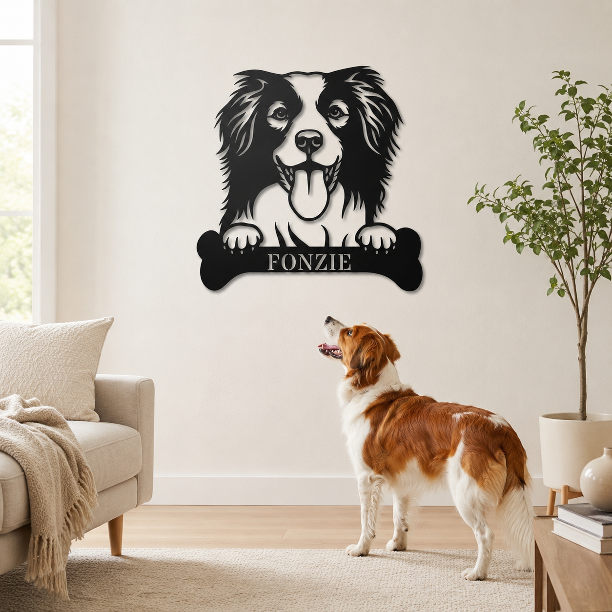 Sjov Hollandsk Kooikerhondje navneskilt med personlig tekst. Unik metalskilt til hundeejeren