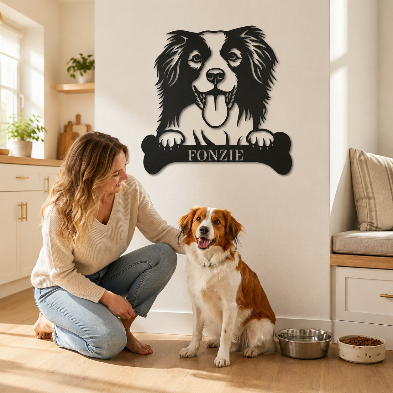 Sjov Hollandsk Kooikerhondje navneskilt med personlig tekst. Unik metalskilt til hundeejeren
