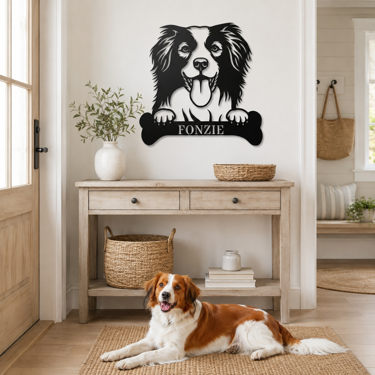 Sjov Hollandsk Kooikerhondje navneskilt med personlig tekst. Unik metalskilt til hundeejeren