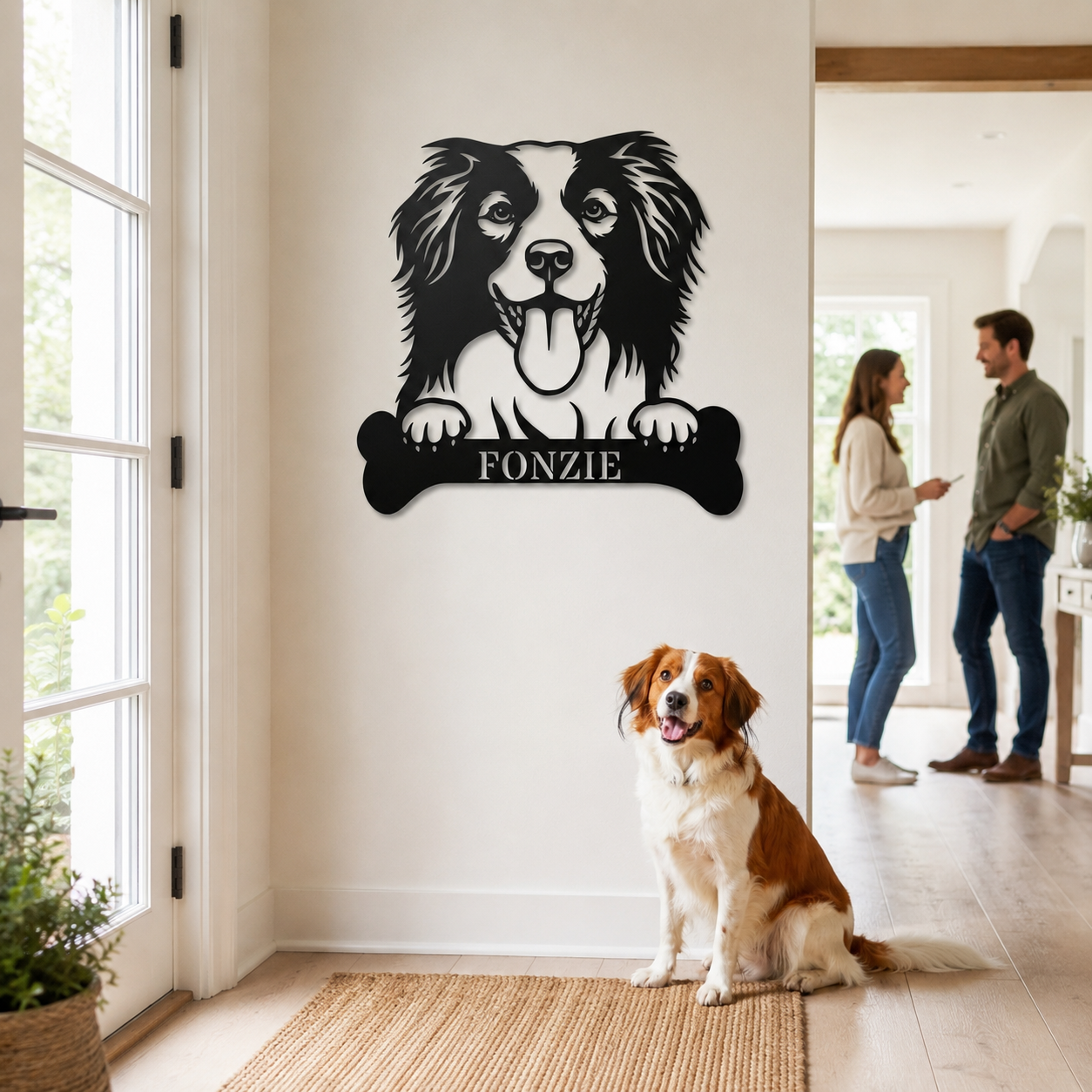 Sjov Hollandsk Kooikerhondje navneskilt med personlig tekst. Unik metalskilt til hundeejeren