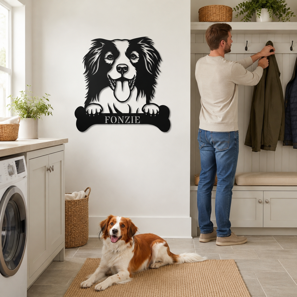 Sjov Hollandsk Kooikerhondje navneskilt med personlig tekst. Unik metalskilt til hundeejeren
