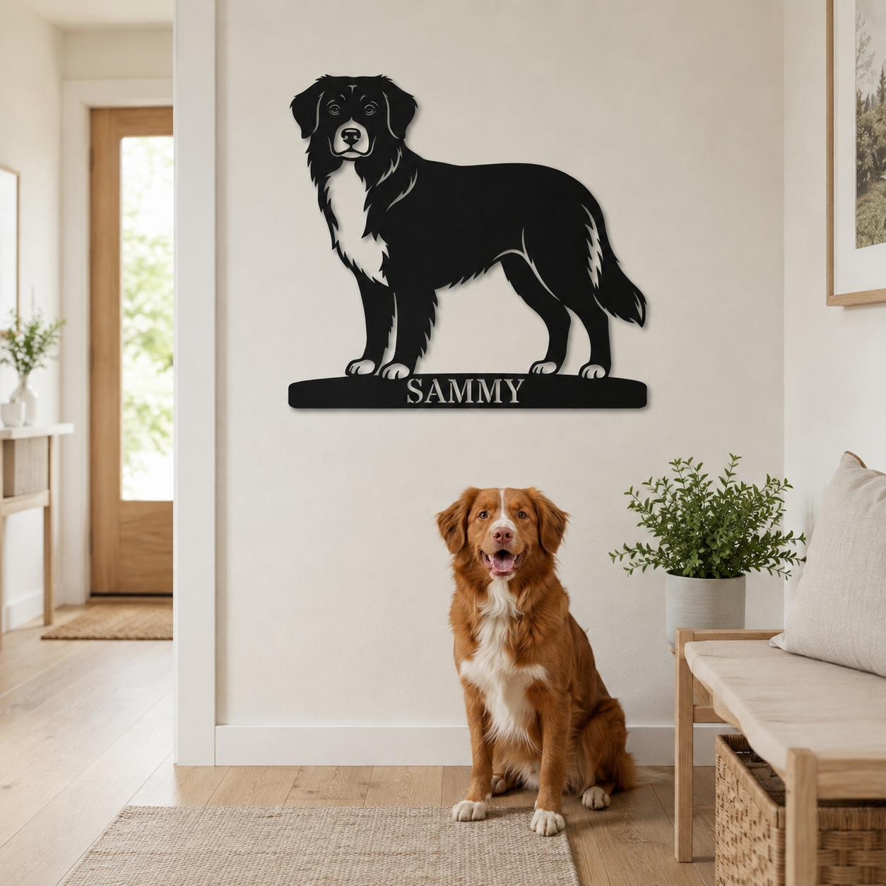 Nova Scotia Duck Tolling Retriever metalskilt med personlig tekst. Unik gaveidé til hundeejeren