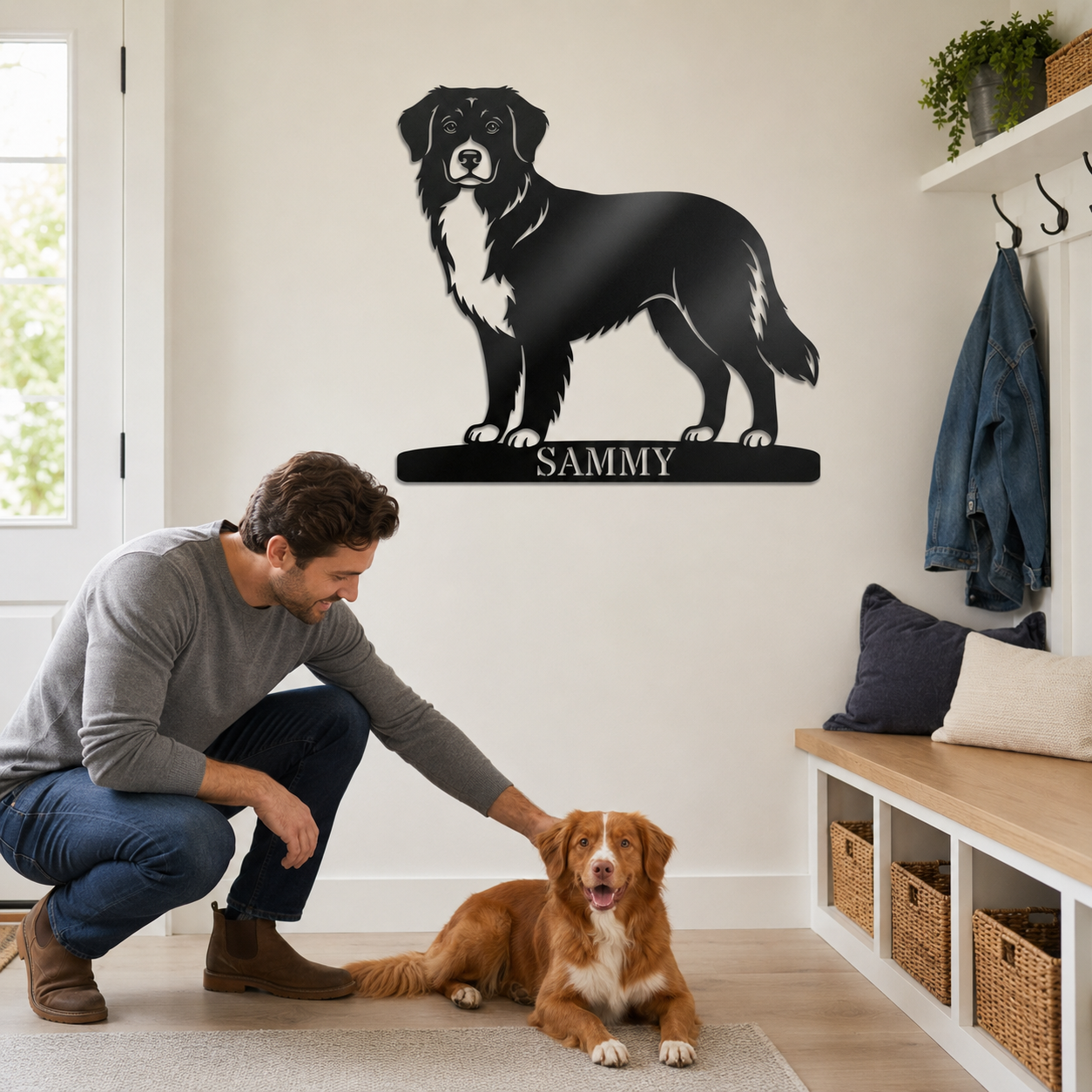 Nova Scotia Duck Tolling Retriever metalskilt med personlig tekst. Unik gaveidé til hundeejeren