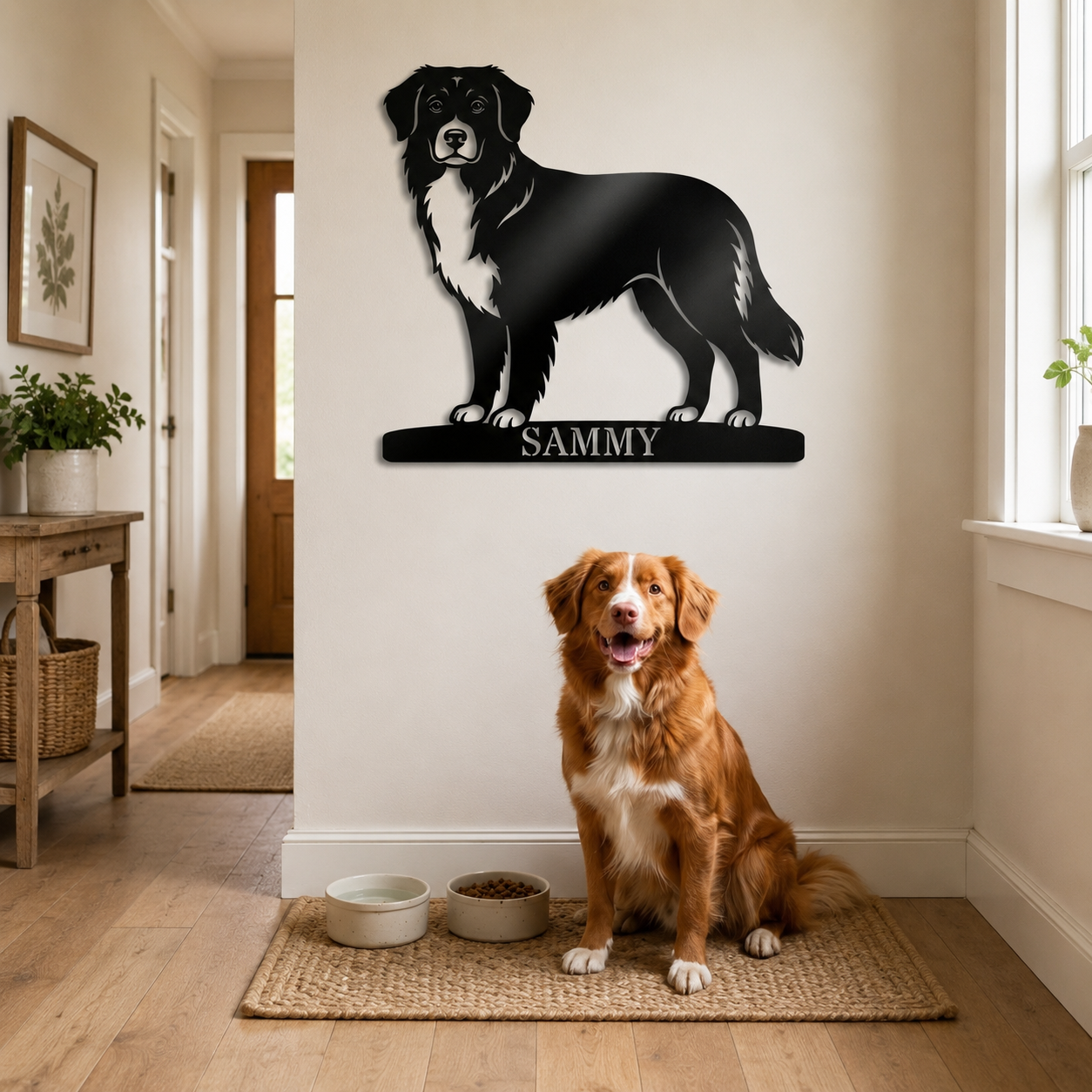 Nova Scotia Duck Tolling Retriever metalskilt med personlig tekst. Unik gaveidé til hundeejeren