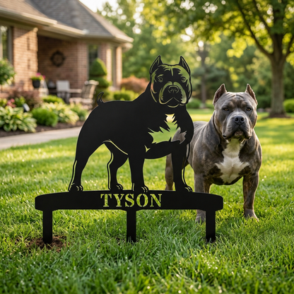 Personlig American Bully metalskilt til haven med hundenavn