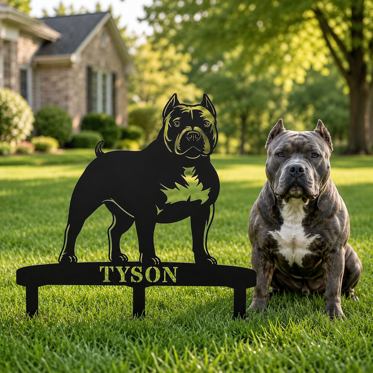 Personlig American Bully metalskilt til haven med hundenavn