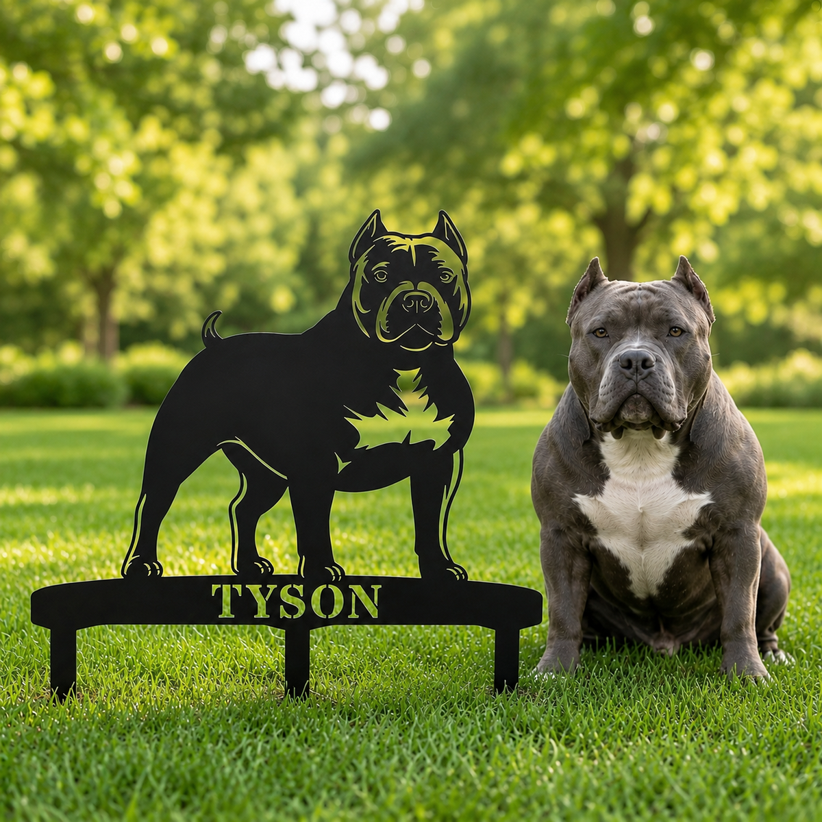 Personlig American Bully metalskilt til haven med hundenavn