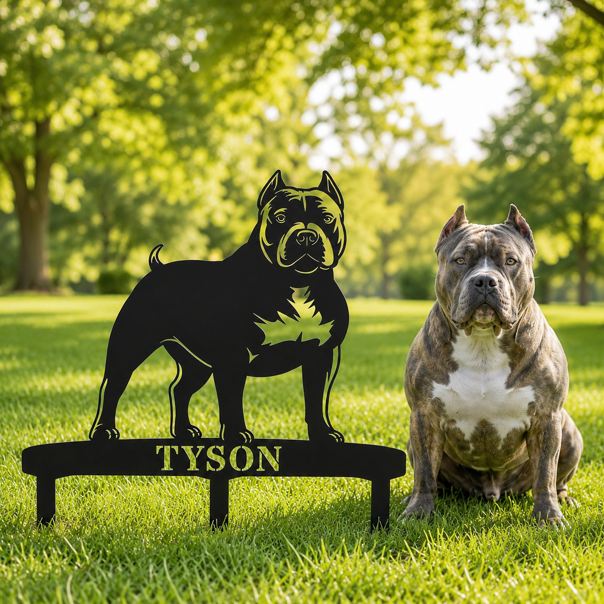 Personlig American Bully metalskilt til haven med hundenavn