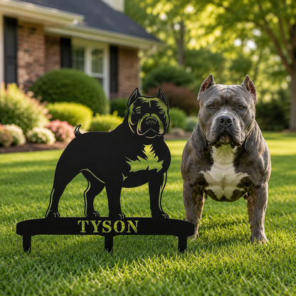 Personlig American Bully metalskilt til haven med hundenavn