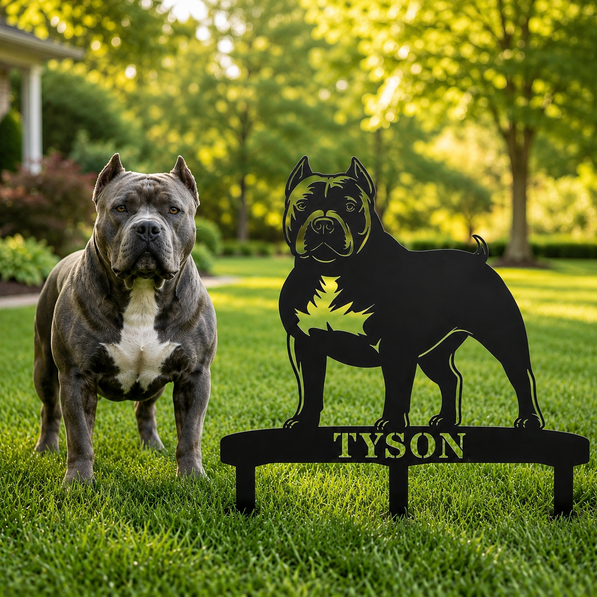 Personlig American Bully metalskilt til haven med hundenavn