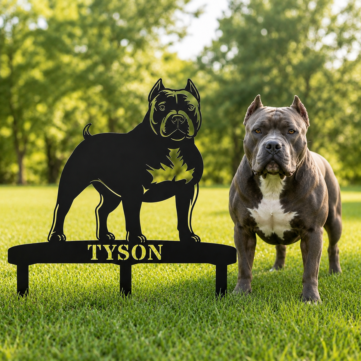 Personlig American Bully metalskilt til haven med hundenavn