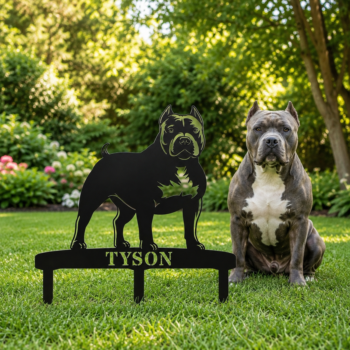 Personlig American Bully metalskilt til haven med hundenavn