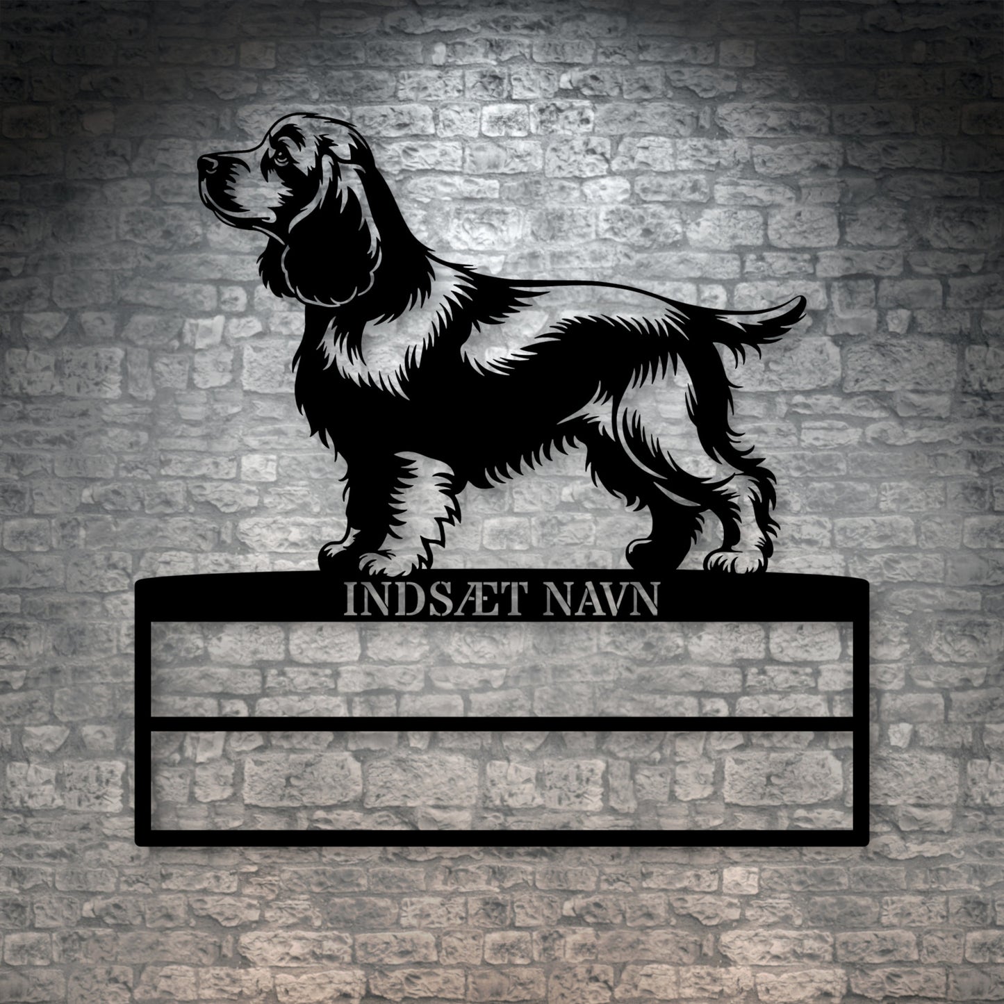 Cocker Spaniel metalskilt med personlig navn til rosetter. Unik Gaveide til hundeejeren