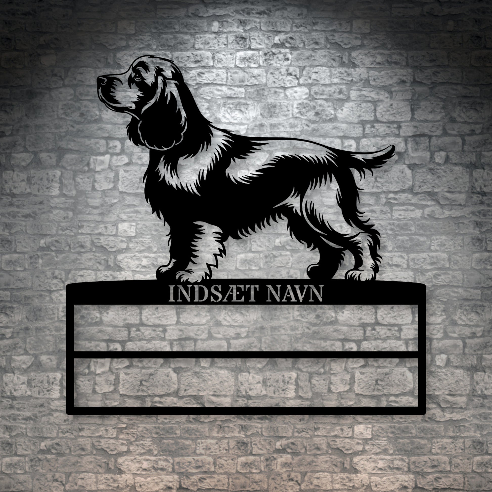 Cocker Spaniel metalskilt med personlig navn til rosetter. Unik Gaveide til hundeejeren