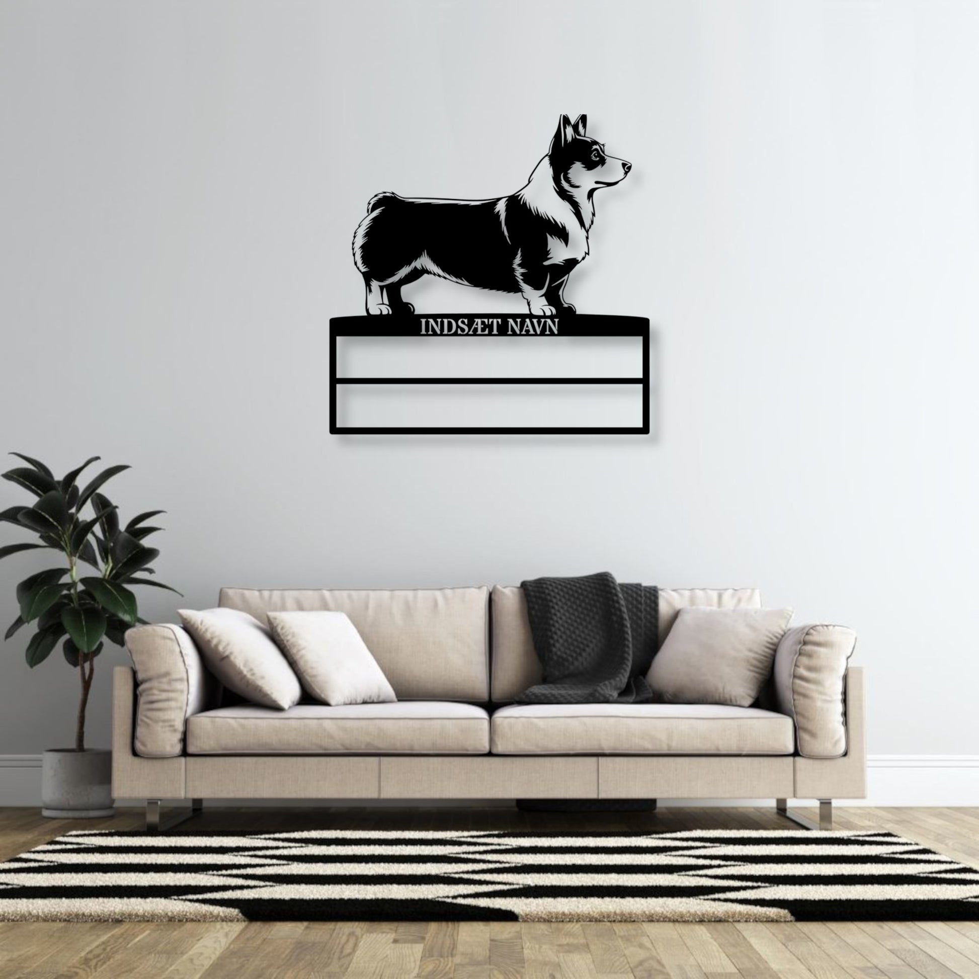 Corgi metalskilt med personlig navn til rosetter. Unik Gaveide til hundeejeren.