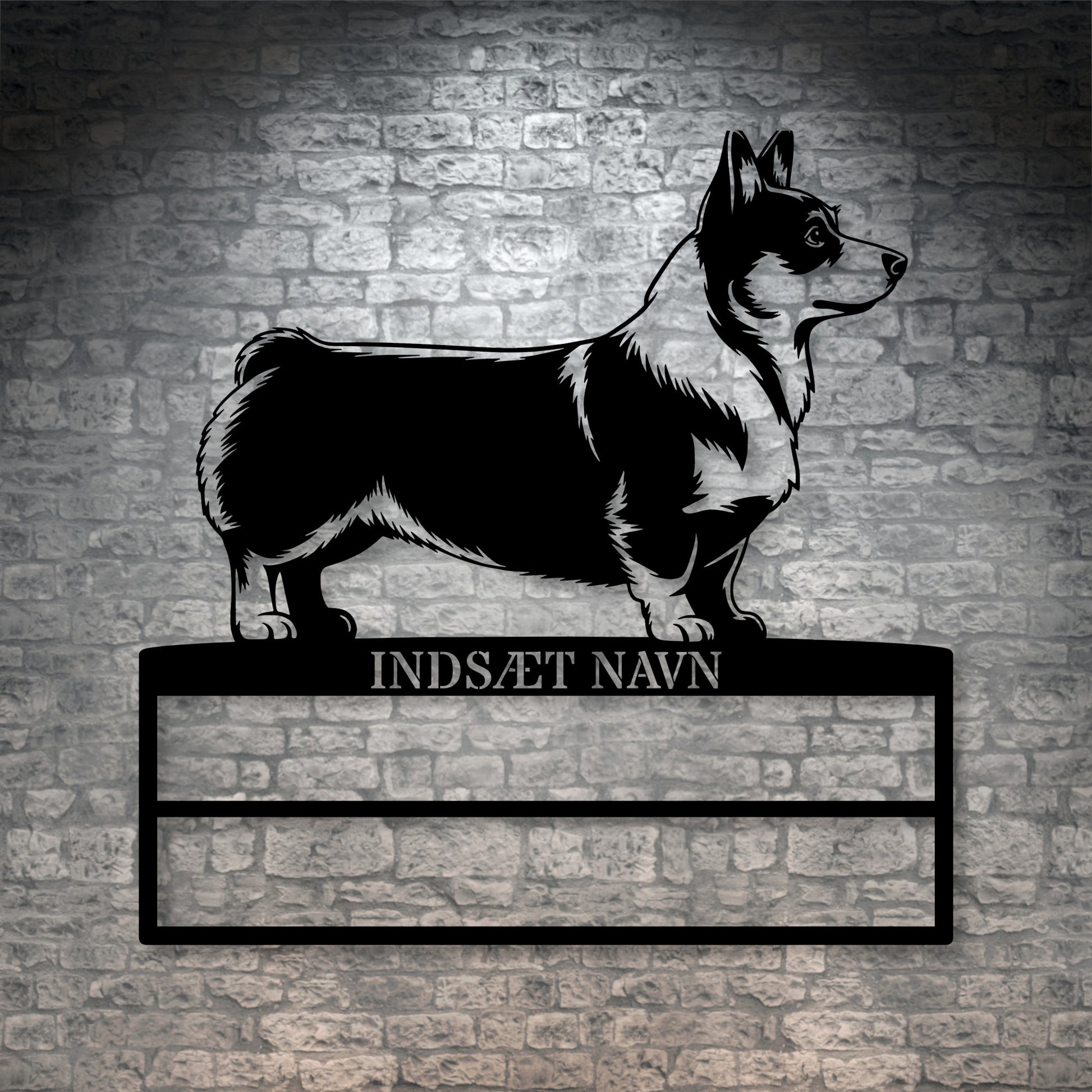 Corgi metalskilt med personlig navn til rosetter. Unik Gaveide til hundeejeren