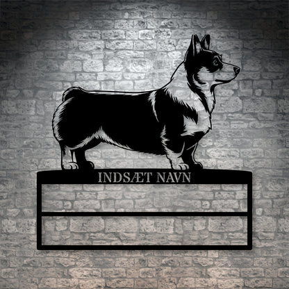 Corgi metalskilt med personlig navn til rosetter. Unik Gaveide til hundeejeren