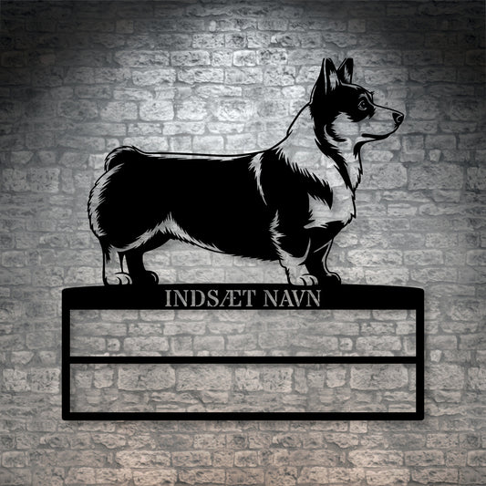 Corgi metalskilt med personlig navn til rosetter. Unik Gaveide til hundeejeren