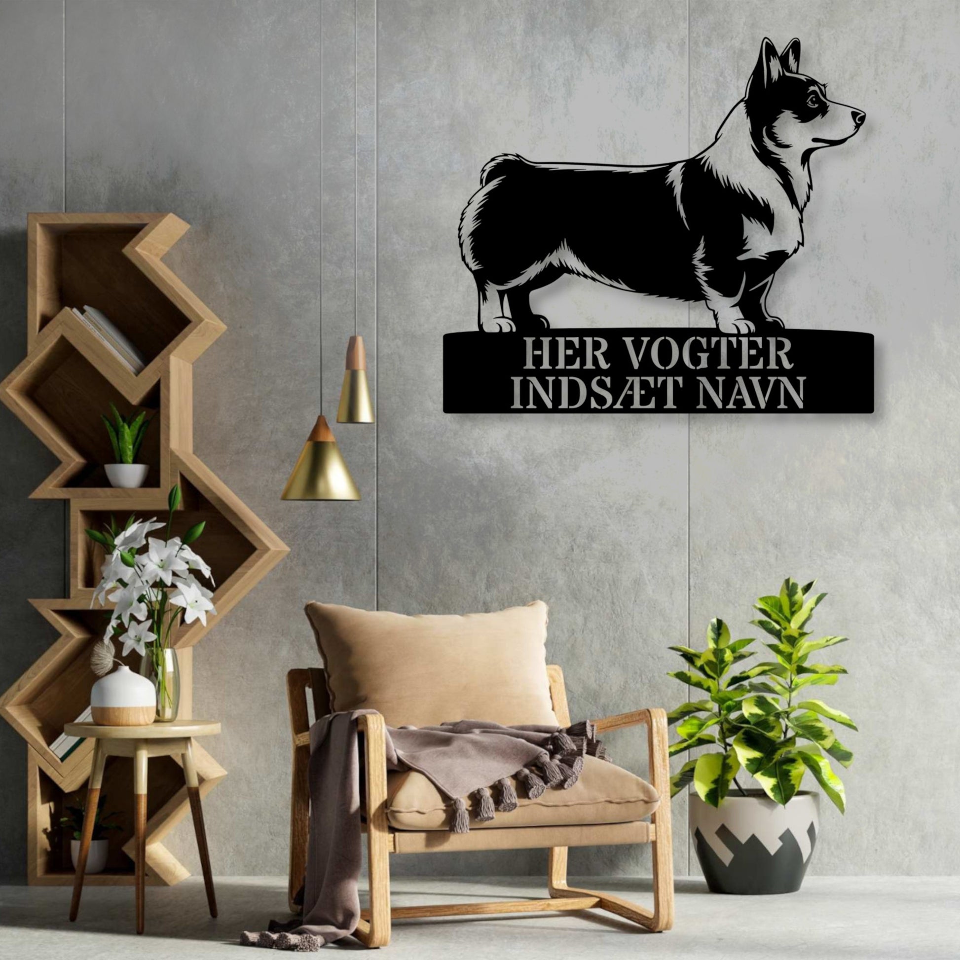Corgi skilt - her vogter jeg metalskilt med personlig navn. Unik hundeejer gaveide....