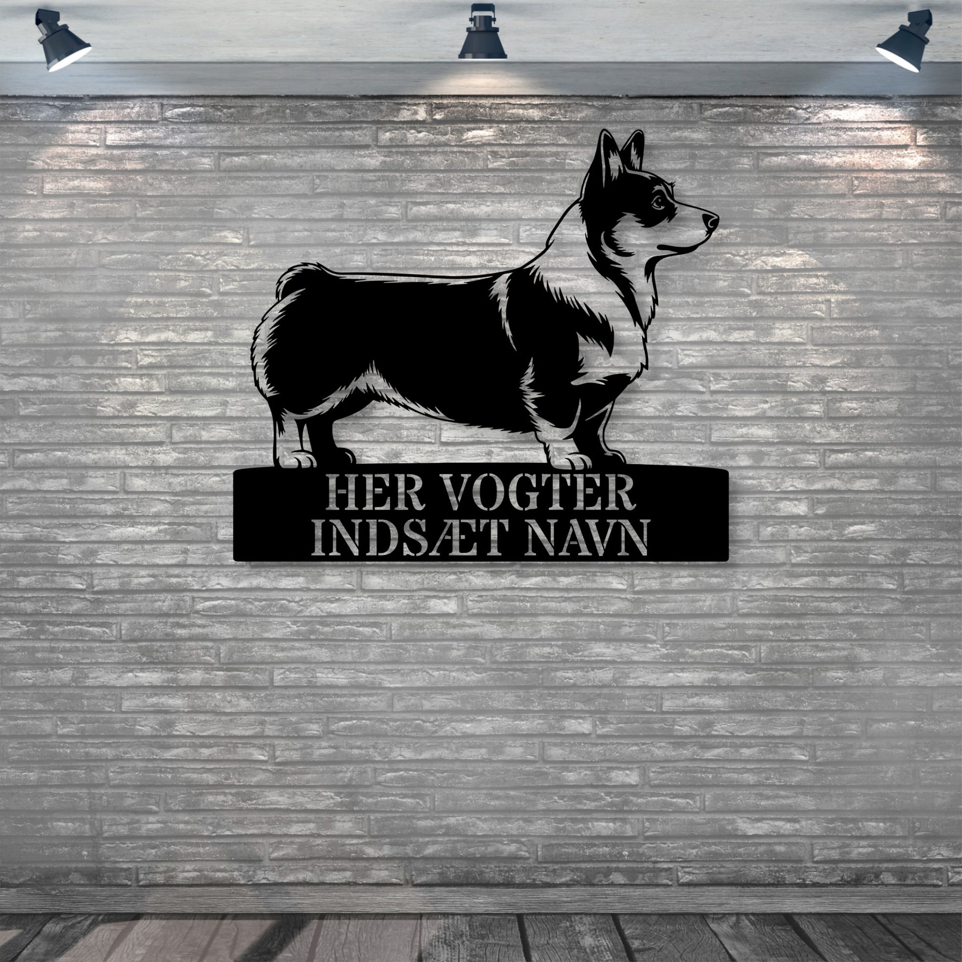 Corgi skilt - her vogter jeg metalskilt med personlig navn. Unik hundeejer gaveide..