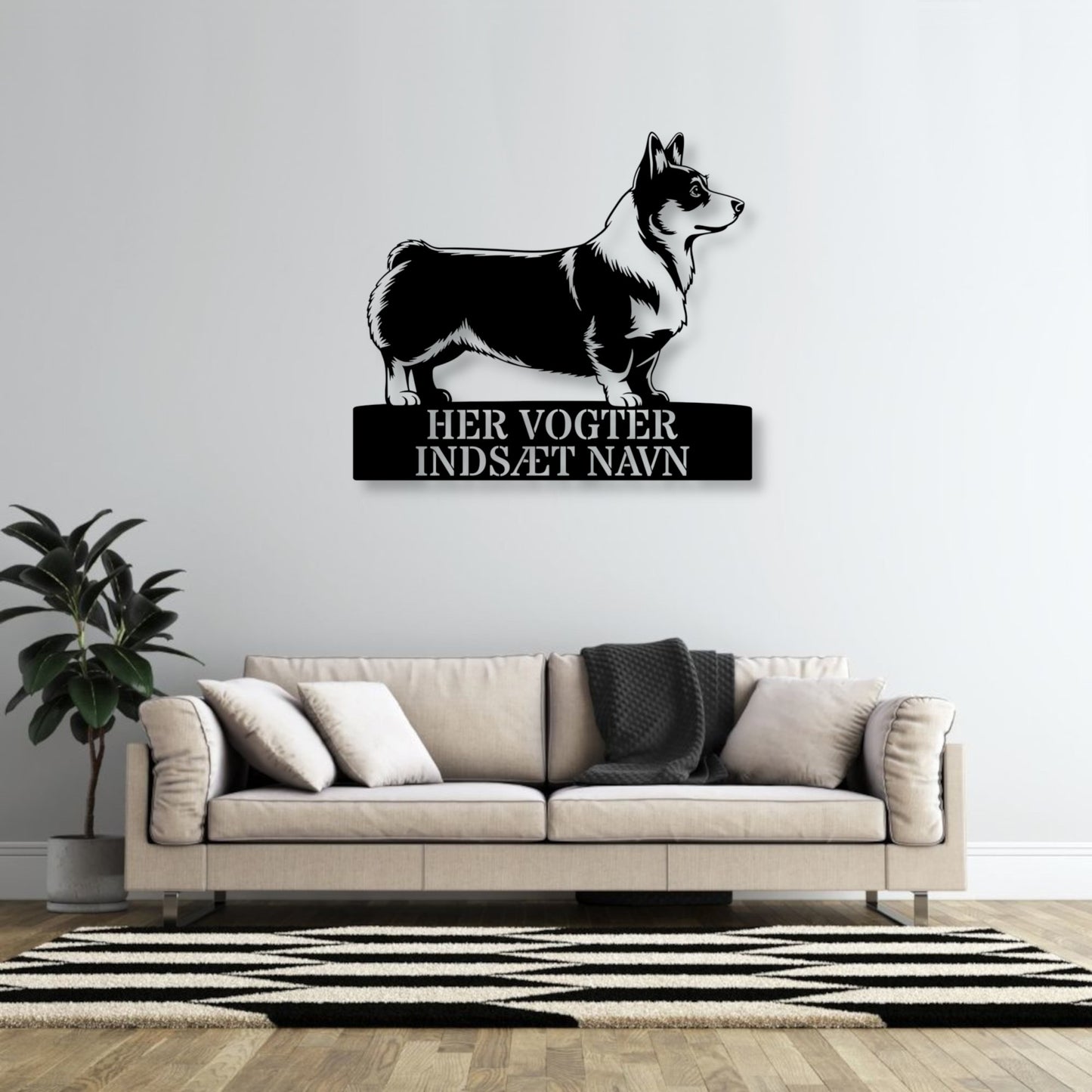 Corgi skilt - her vogter jeg metalskilt med personlig navn. Unik hundeejer gaveide.
