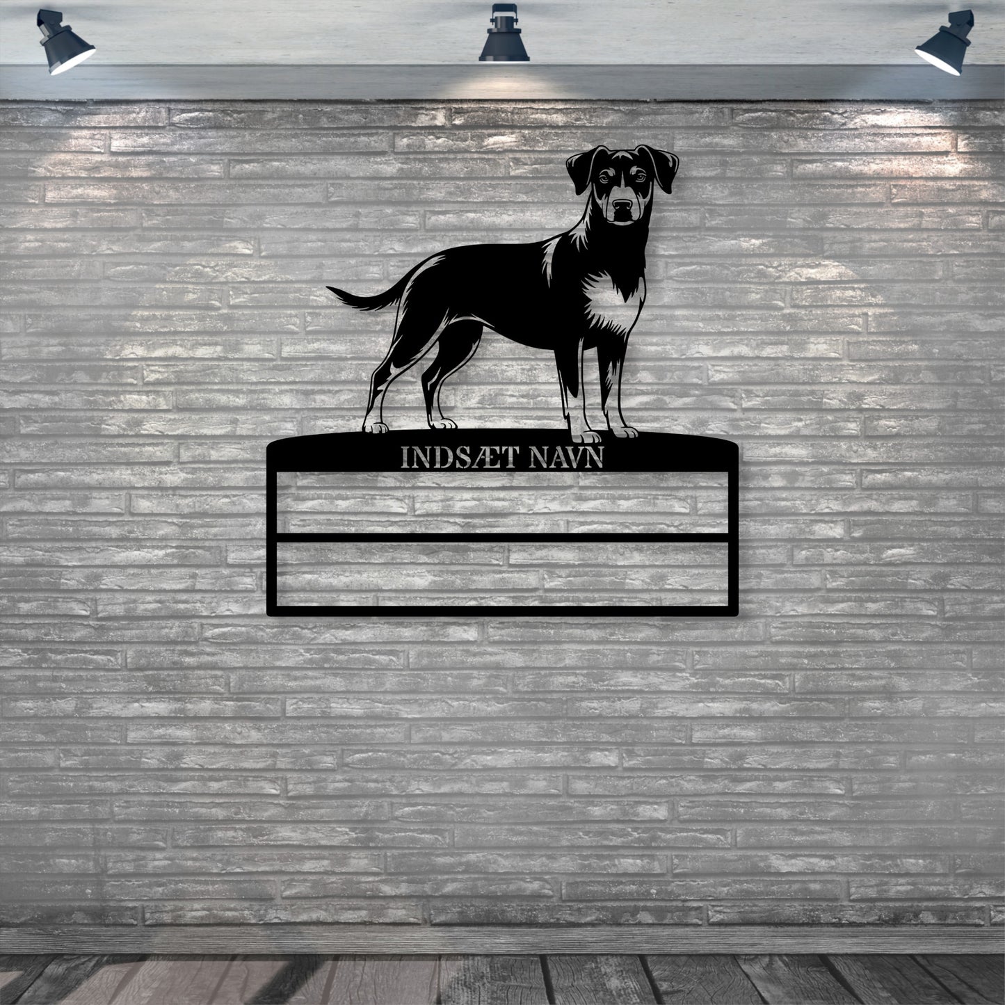Dansk Svensk gårdhund rosette display metalskilt med personlig tekst og navn. Unik Gaveide til hundeejer..