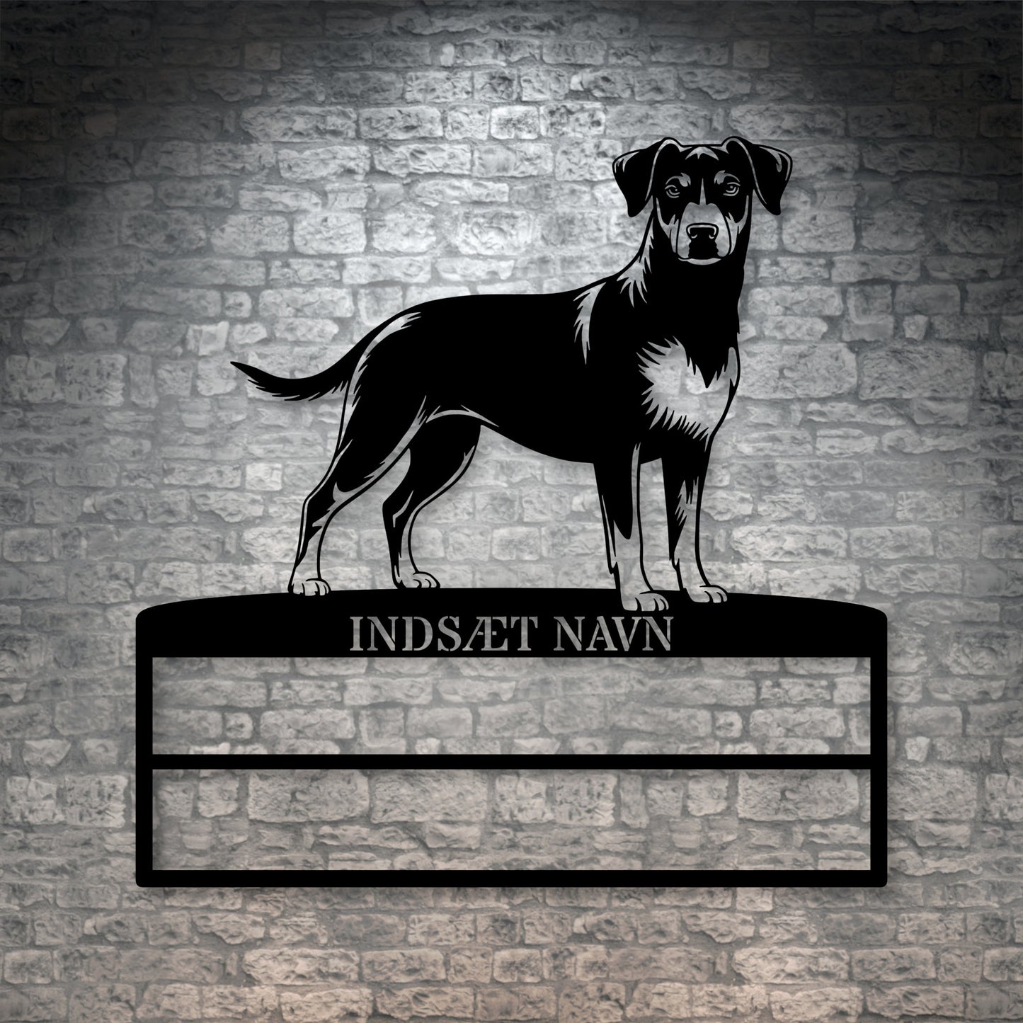 Dansk Svensk gårdhund rosette display metalskilt med personlig tekst og navn. Unik Gaveide til hundeejer