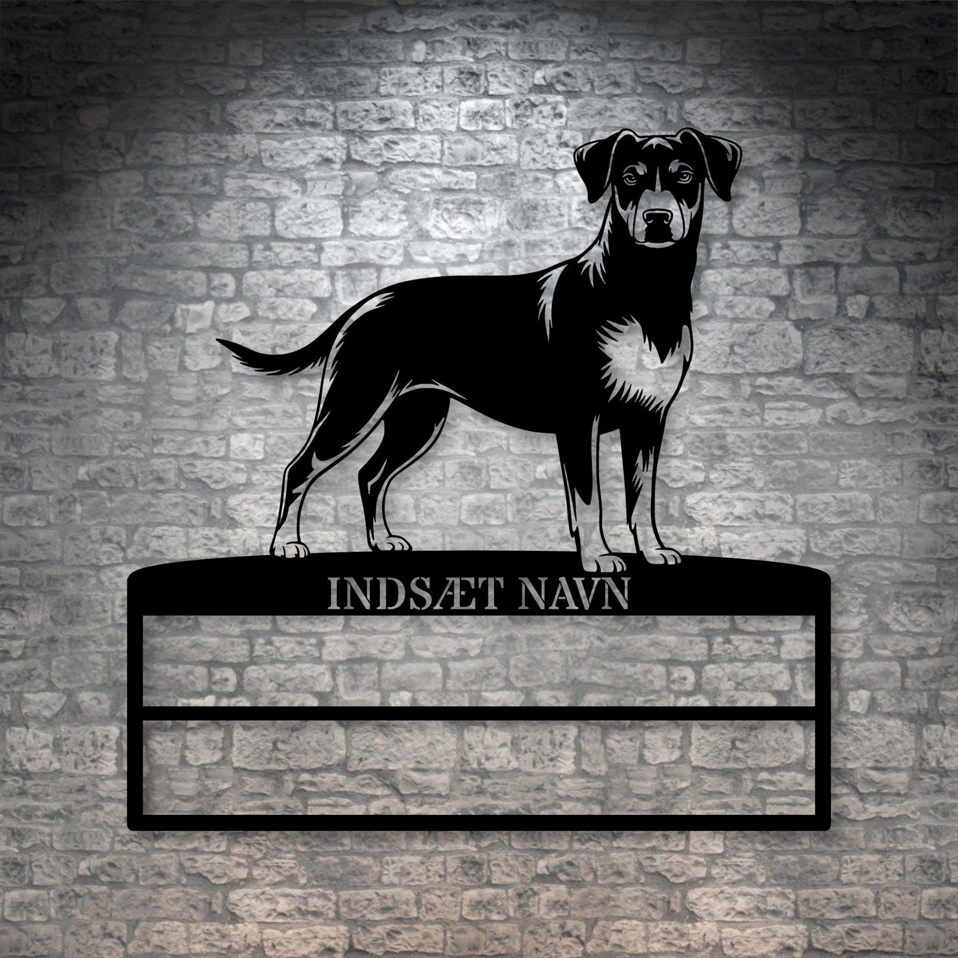 Dansk Svensk gårdhund rosette display metalskilt med personlig tekst og navn. Unik Gaveide til hundeejer