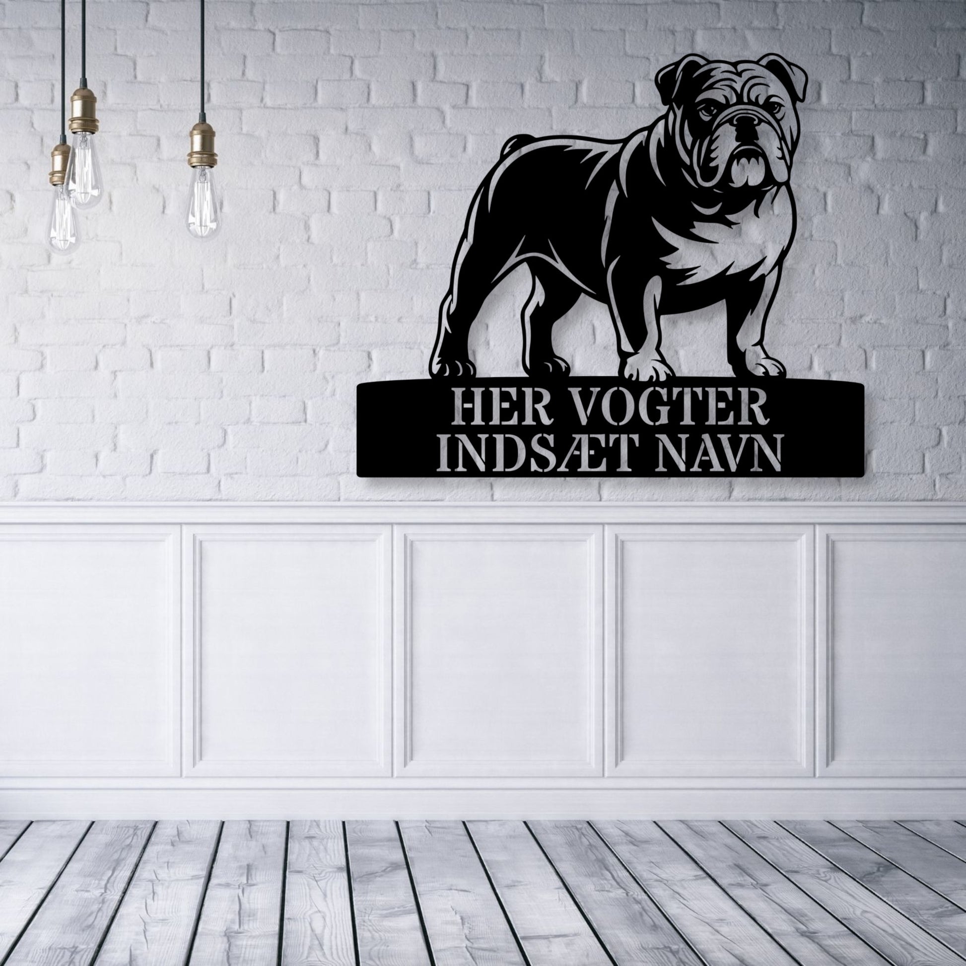 Engelsk Bulldog her vogter jeg metalskilt med personlig navn. Unik hundeejer gaveide....