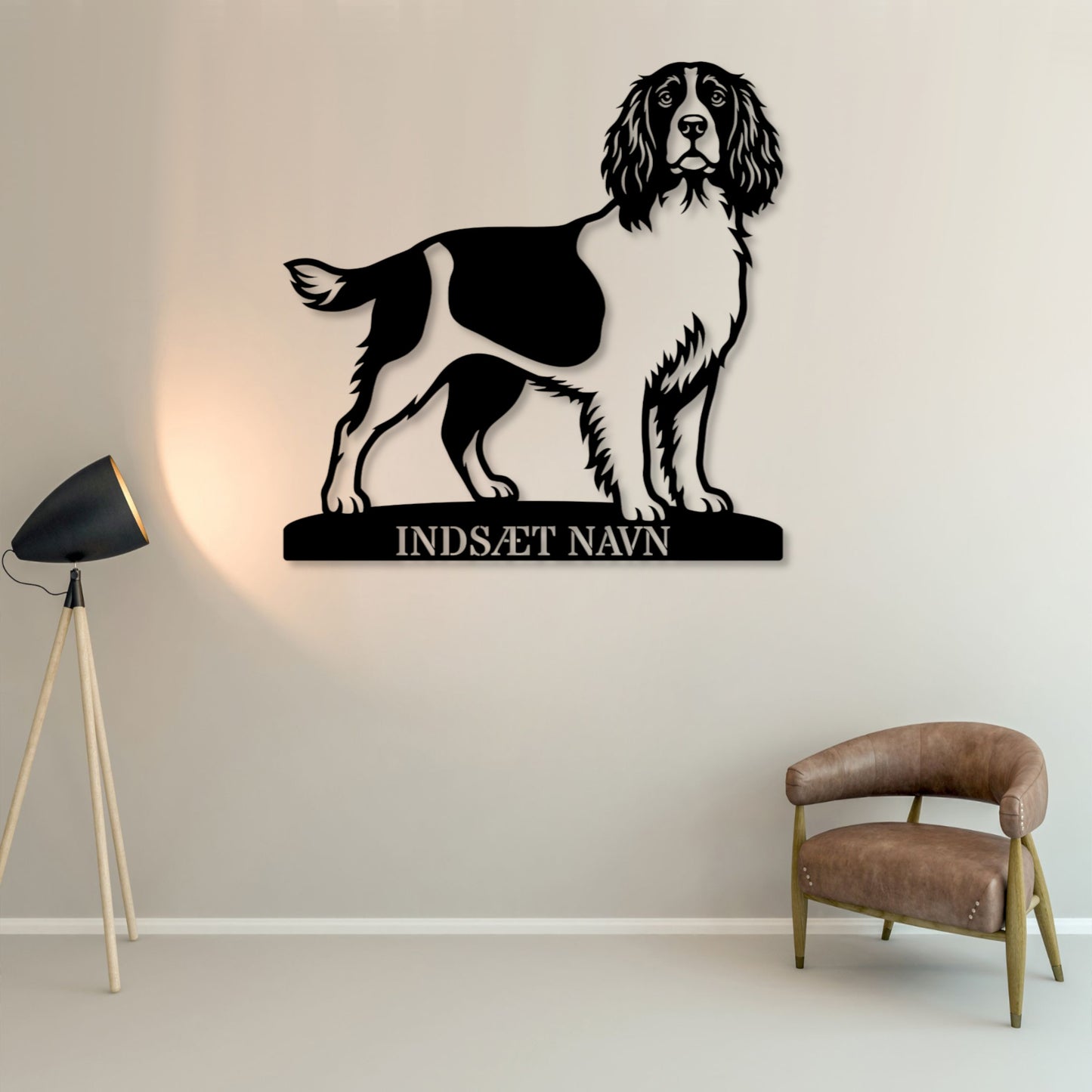 Engelsk Springer Spaniel metalskilt med personlig tekst.
